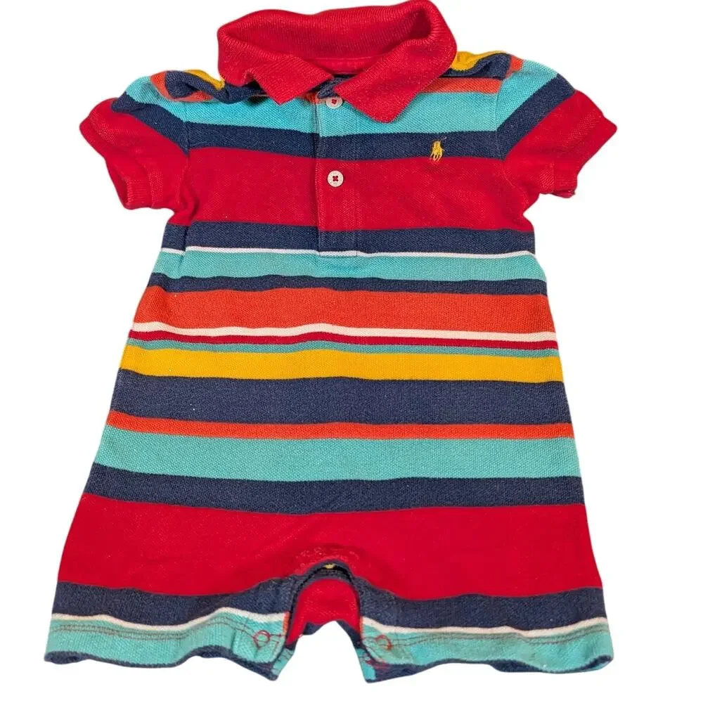 Ralph Lauren Baby Boy Striped Polo Romper | Preppy Summer Classic | Size 9M